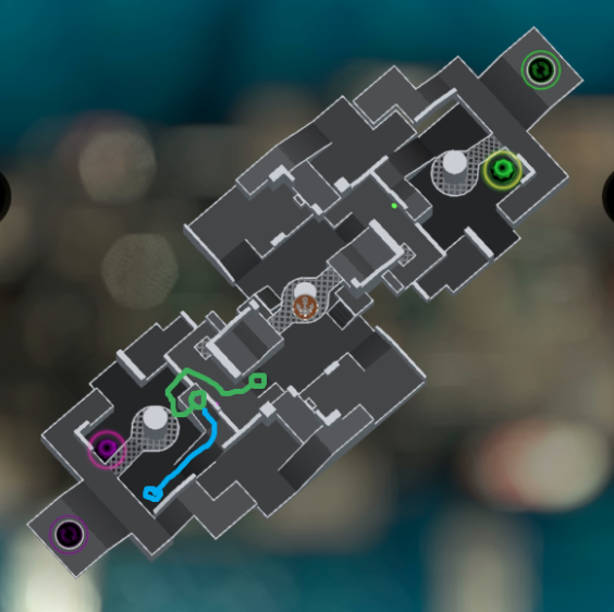 An overhead map of Manta Maria with a green 
          path leading from home bunker to the platform in front of home mast and a blue path 
          leading from that platform to the floor next to home pedestal.